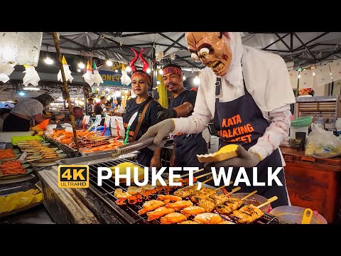 Phuket Walking Tour 4K HDR | Kata Night Street Food Market | Phuket, Thailand